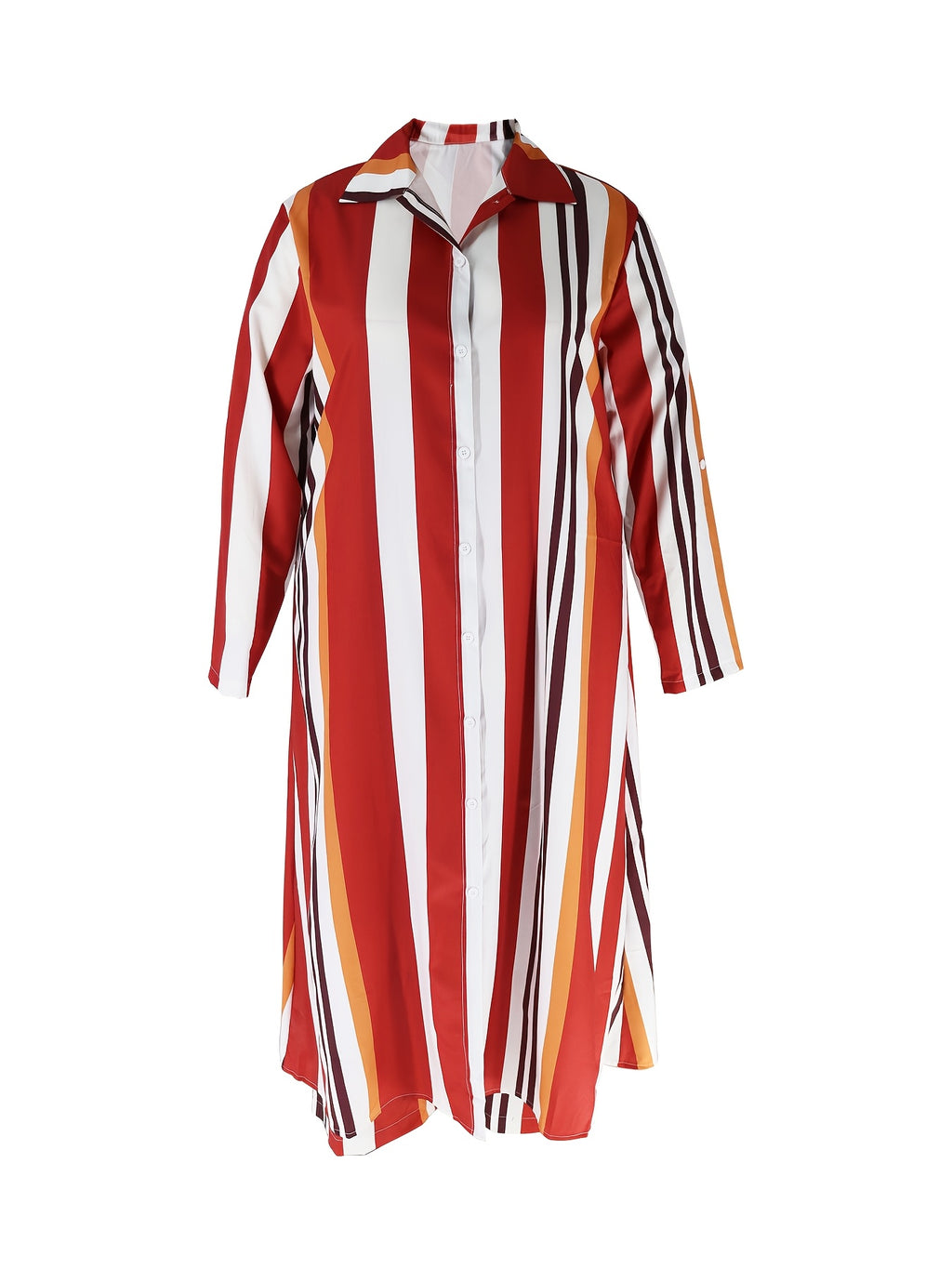 Plus Size Stripe Print Two-piece Set, Collared Button Front Long Sleeve Shirt & Wide Leg Pants Outfits, Women's Plus Size Clothing - Red