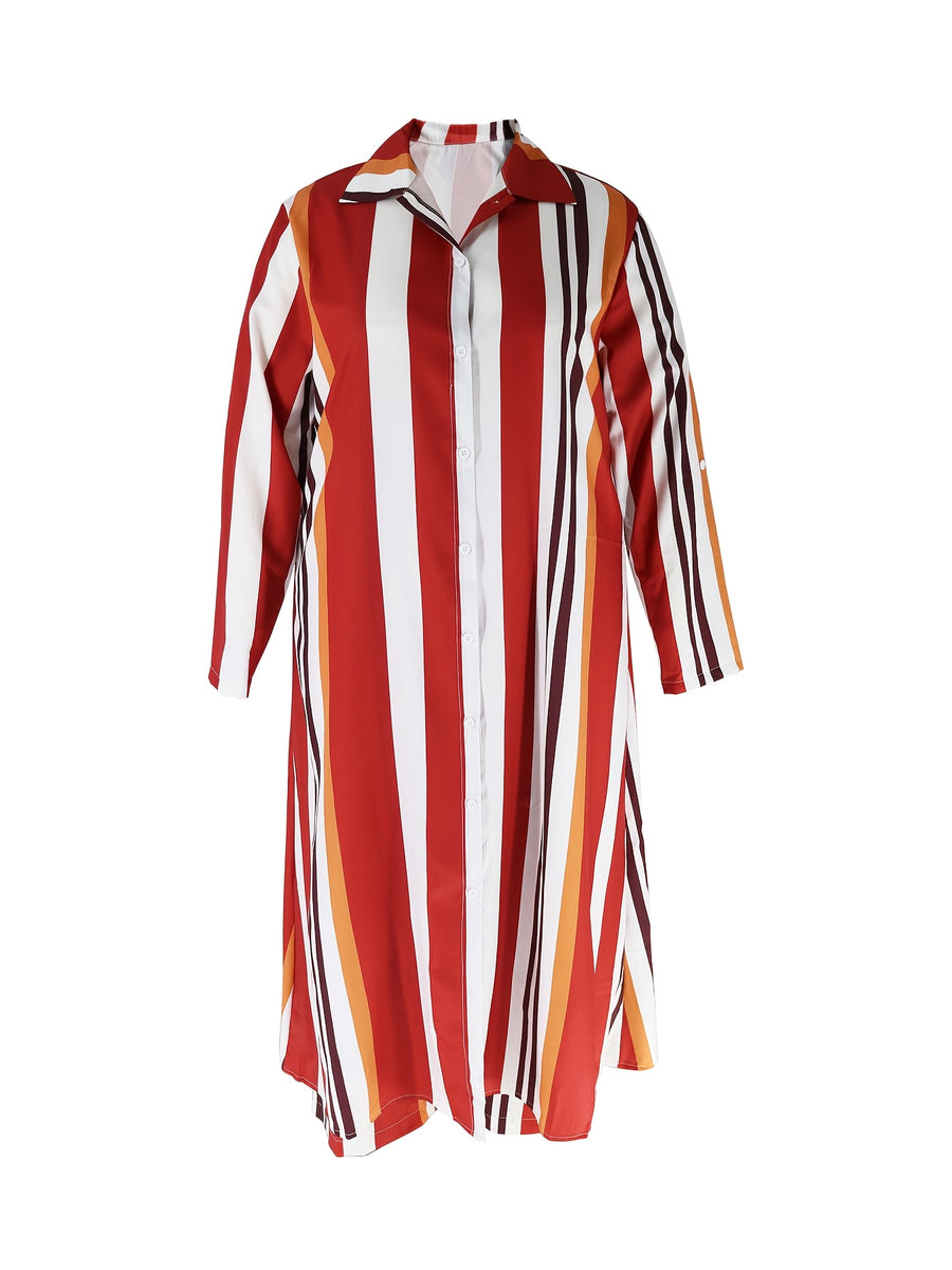 Plus Size Stripe Print Two-piece Set, Collared Button Front Long Sleeve Shirt & Wide Leg Pants Outfits, Women's Plus Size Clothing - Red