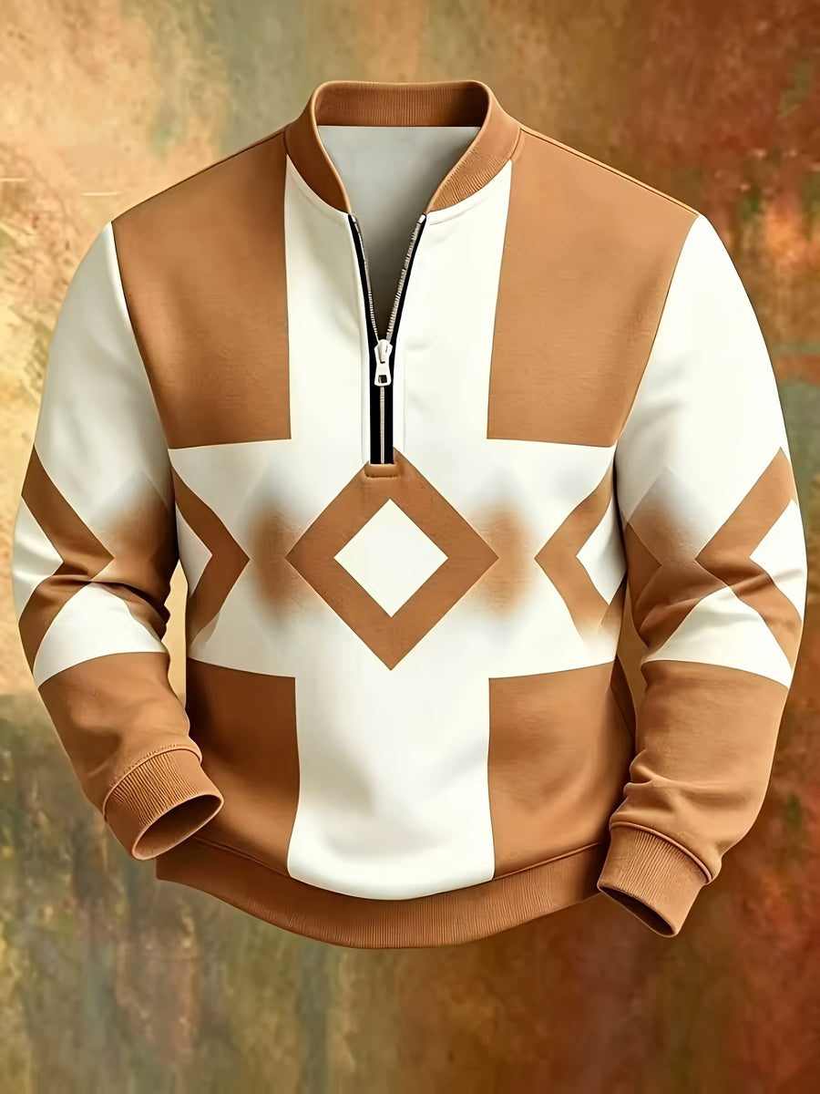 Men's Gradient Pattern Print Half-Zip Stand Collar Sweatshirt, Daily Commute Casual Four-Season Top - Mixed colors