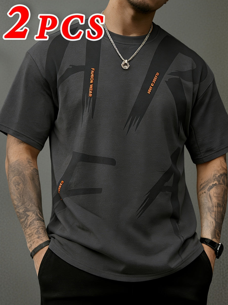 2pcs, Men'S Short Sleeve T-Shirts, Summer Short Sleeve Fashion Trendy Short Sleeve T-Shirts, Loose Letter Print Elastic Short Sleeve Sports Top, Teenager Round Neck Breathable Trendy T-Shirt, Suitable for Daily Wear, School, Street, Sports Wear - 2 pieces - Gray + Black