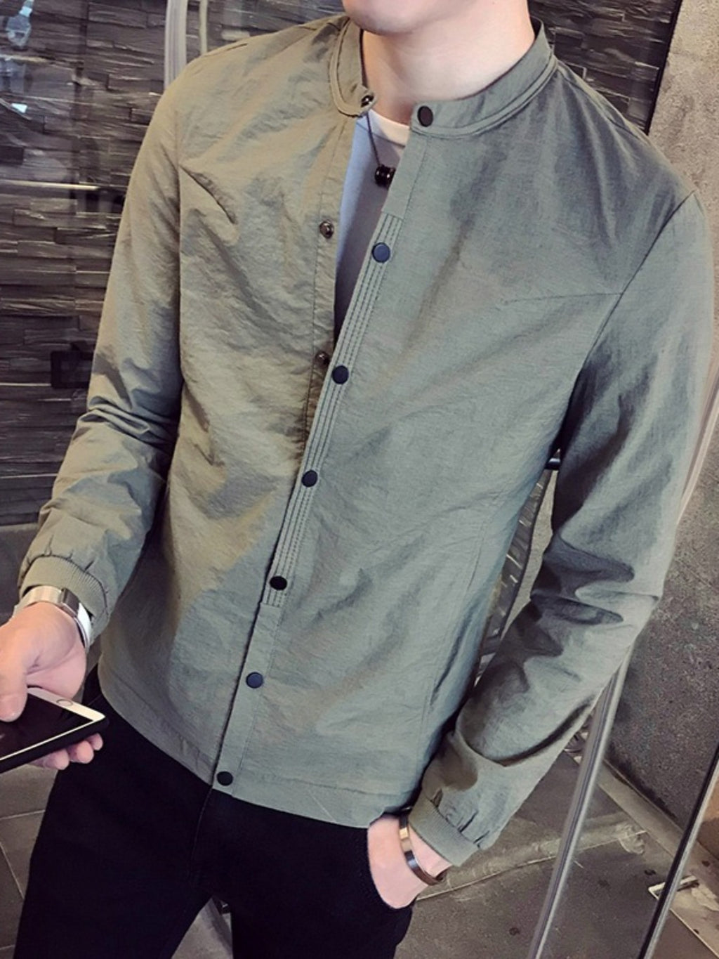 Men'S Casual Stand Collar Jacket - Slim Fit Button Up Lightweight Coat, Polyester, 2 Colors (Olive Green, Black) - 1921 gray