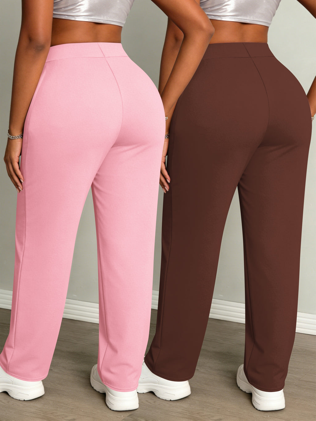 Women's Fashion Daily 2pcs Set, Comfortable Loose-Fit Solid Color Drawstring Waist Wide-Leg Sweatpants - Pink+Brown