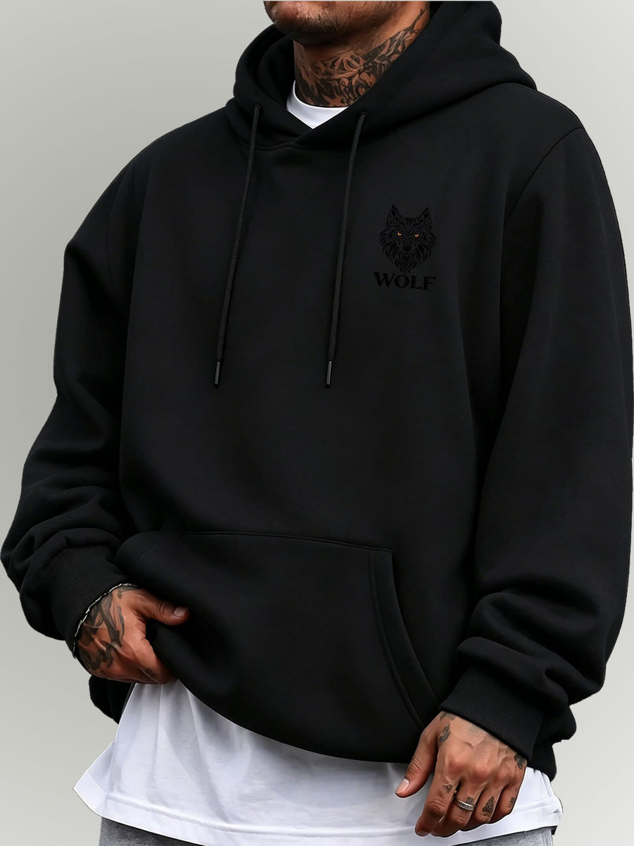 Men's Hooded Sweatshirt WOLF - Realistic Wolf Head Print, European and American Dark Style Men's Casual Sweatshirt - Black