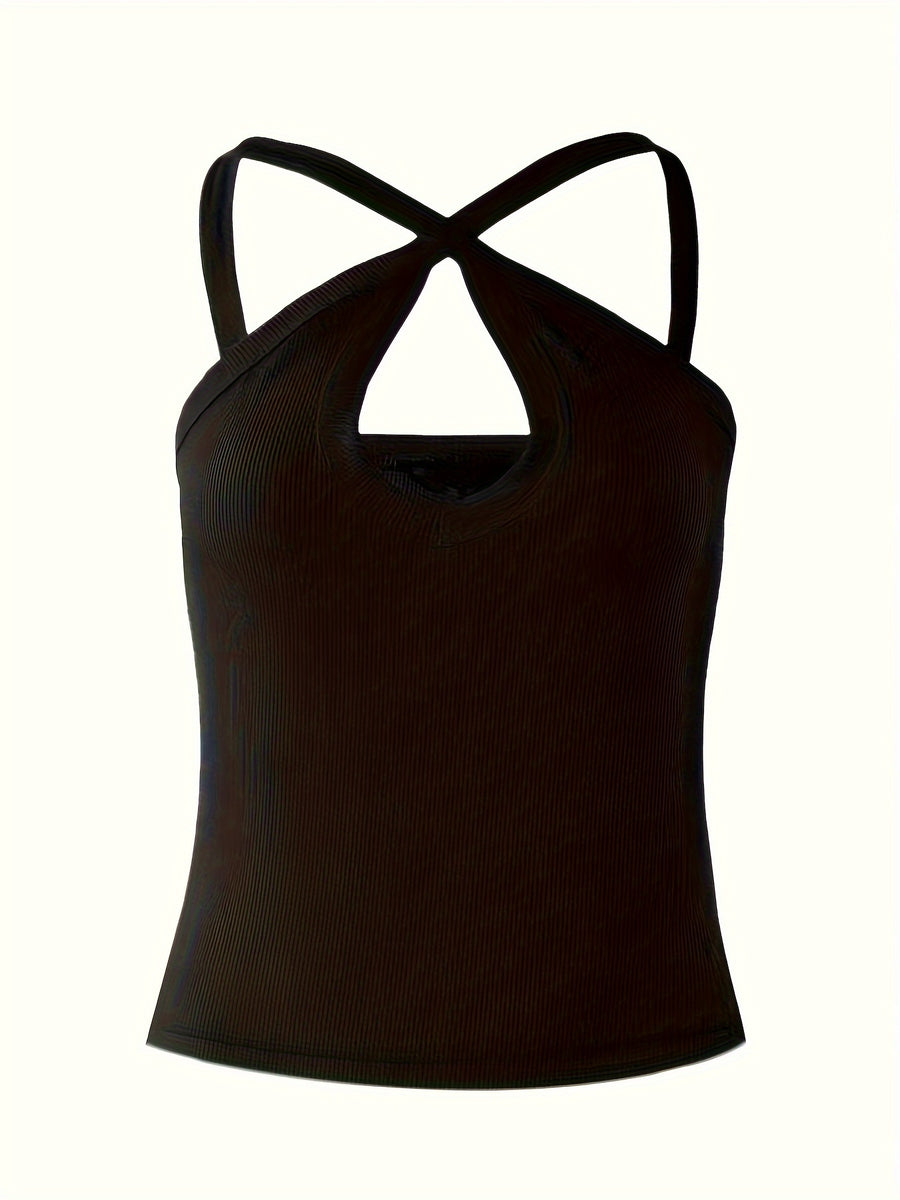 Women's Summer Solid Color Ribbed Fashion Sexy Heart Cut-Out Camisole - Black
