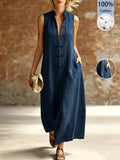 Summer Women's All- Sleeveless Stand-Collar Button-Front Dress, New Chinese Style Loose-Fitting Long Shirt-Style Dress with Small Stand-Collar for Women - Blue