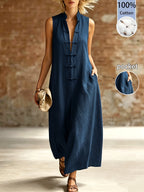 Summer Women's All- Sleeveless Stand-Collar Button-Front Dress, New Chinese Style Loose-Fitting Long Shirt-Style Dress with Small Stand-Collar for Women - Blue