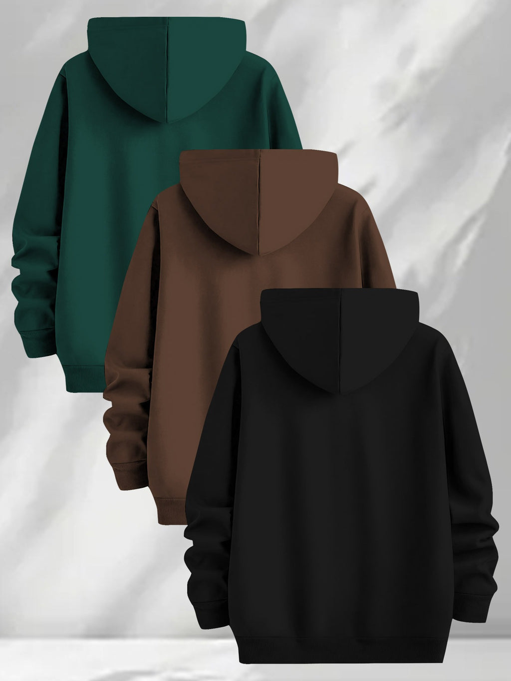 3pcs Urban Element Print Sweatshirt, Men's Casual Hooded Sweatshirt, Long-sleeve Pullover, Slight Stretch, Knitted Polyester Fabric, Regular Men's Hoodie - Green+Coffee+Black