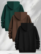 3pcs Urban Element Print Sweatshirt, Men's Casual Hooded Sweatshirt, Long-sleeve Pullover, Slight Stretch, Knitted Polyester Fabric, Regular Men's Hoodie - Green+Coffee+Black