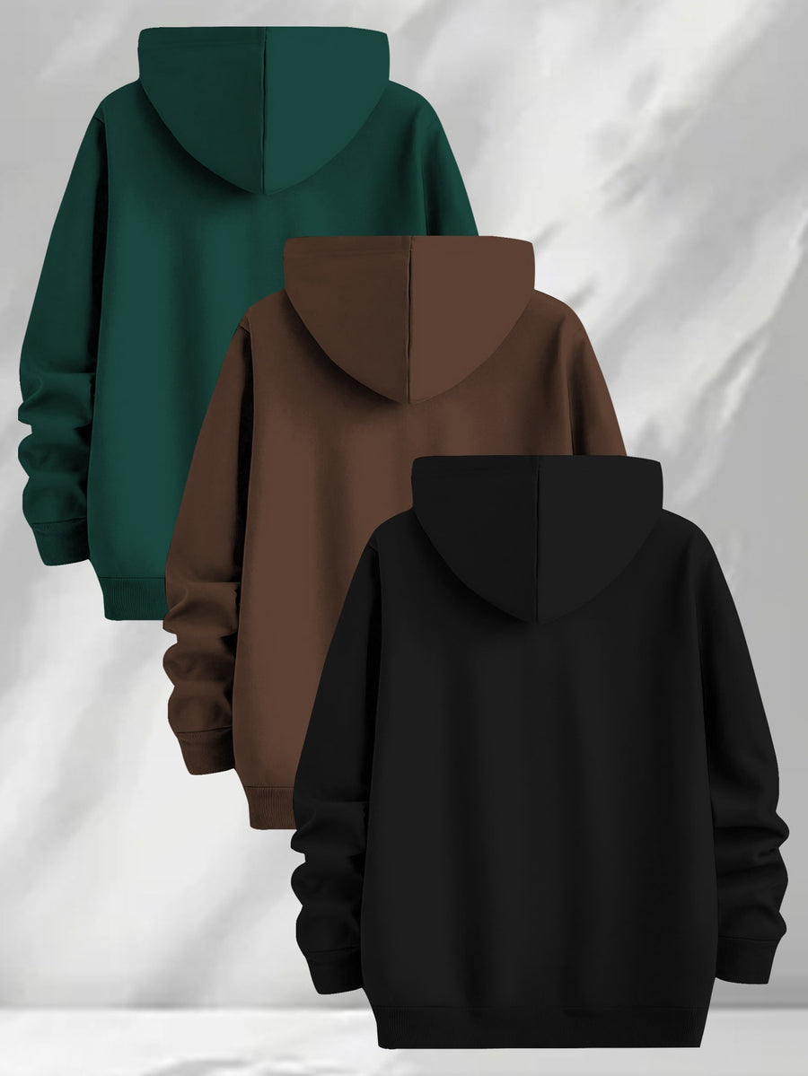 3pcs Urban Element Print Sweatshirt, Men's Casual Hooded Sweatshirt, Long-sleeve Pullover, Slight Stretch, Knitted Polyester Fabric, Regular Men's Hoodie - Green+Coffee+Black