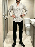 New Men'S Street Style Stand Collar Long Sleeve Shirts, Loose Fit Casual Blouse, Breathable Versatile Outer Tops for Men Fall Daily Street Going Out Wear - Light Grey
