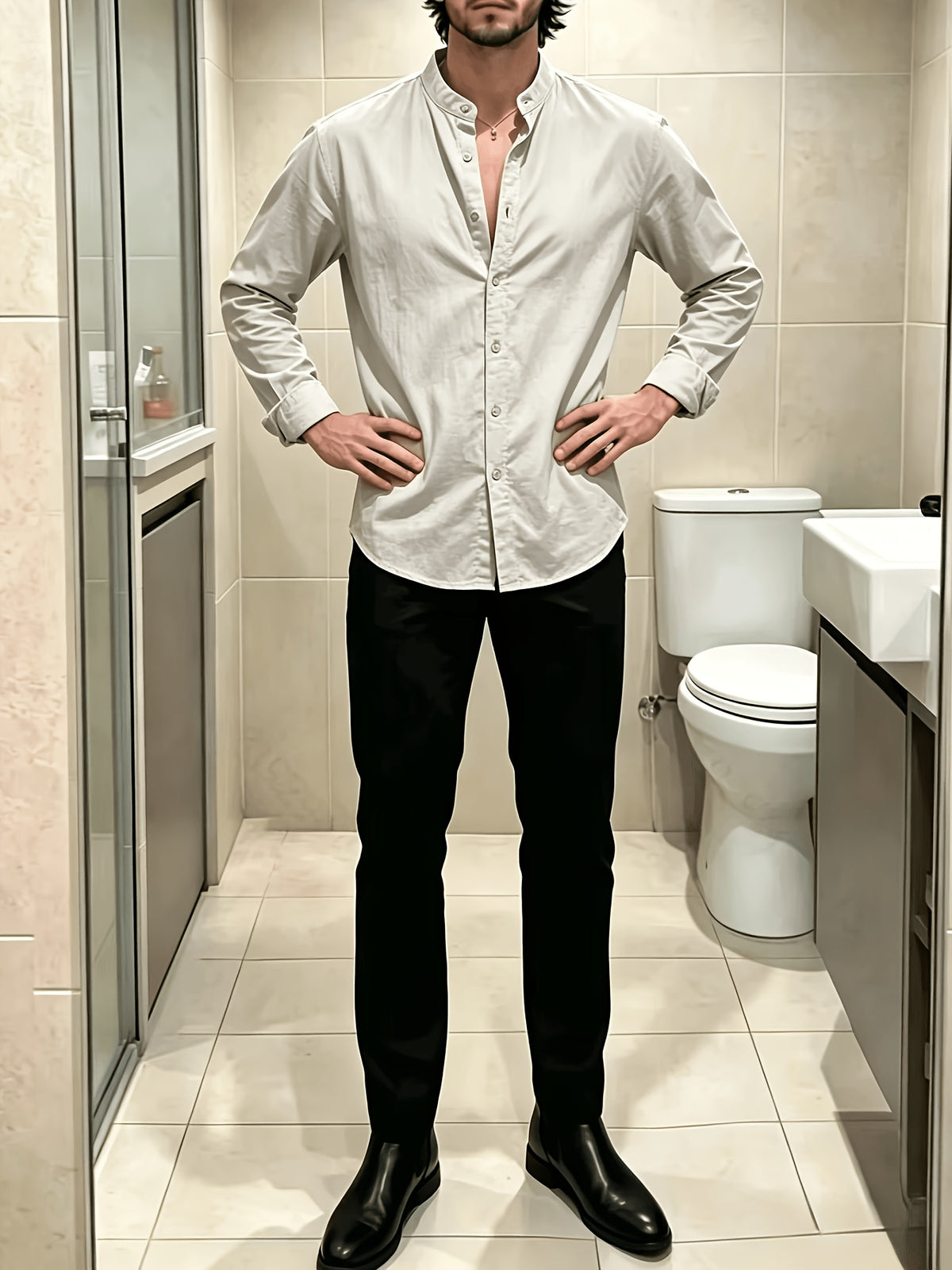 New Men'S Street Style Stand Collar Long Sleeve Shirts, Loose Fit Casual Blouse, Breathable Versatile Outer Tops for Men Fall Daily Street Going Out Wear - Light Grey