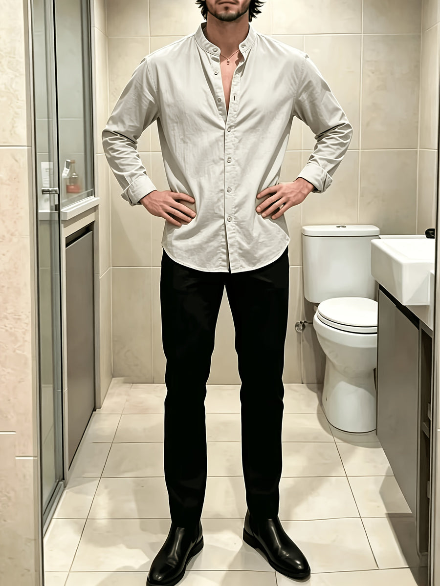 New Men'S Street Style Stand Collar Long Sleeve Shirts, Loose Fit Casual Blouse, Breathable Versatile Outer Tops for Men Fall Daily Street Going Out Wear - Light Grey