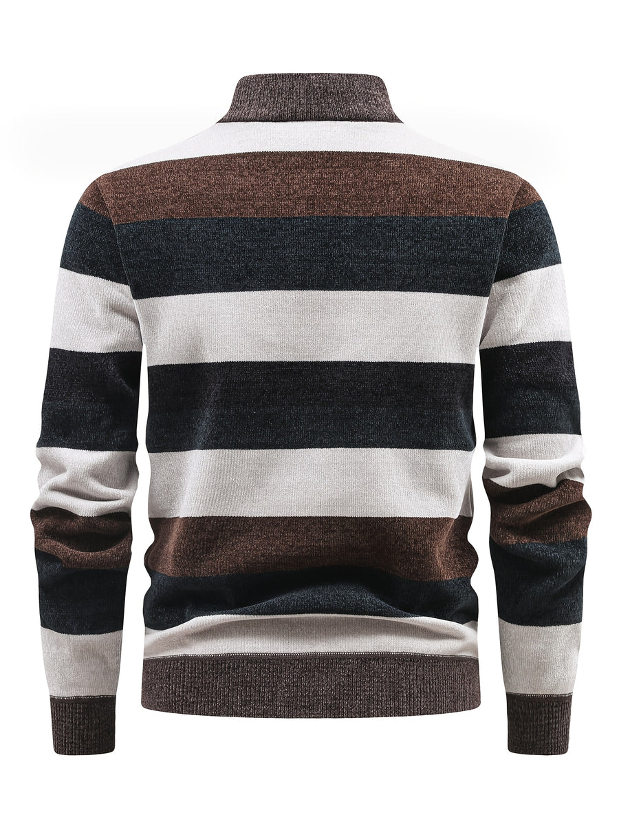 Men'S Autumn Winter Casual Versatile Pullover Sweater Contrast Fashion Fleece-Lined Top Quarter Zip Stand Collar Knit Sweater New Warm Commute Sweater Old Money Vacation Style Men'S Gift - Coffee Color