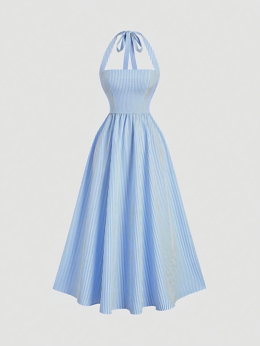 Women'S Striped Halter Neck Long Dress, Vacation Style, Elegant Temperament Long Dress, Summer New Style - Blue