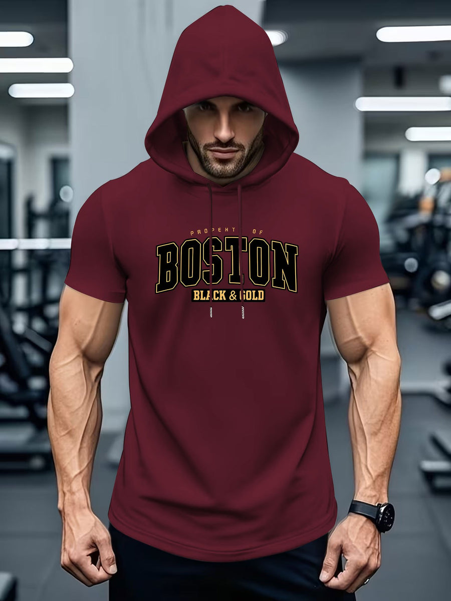 American Urban Element Style! BOSTON Lettering And BLACK & Golden Slogan Print, Hooded T-Shirt for City Sentiment - Burgundy