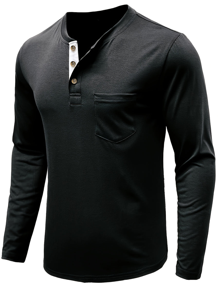 Joshmei OBM Men's Long Sleeve Crew Neck Henley Shirt Two-pc - black khaki 1
