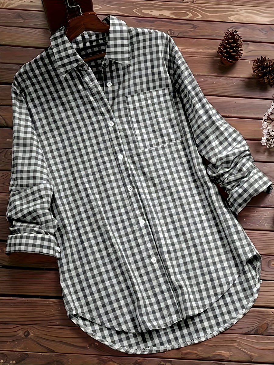Women'S Spring Summer Casual Retro Commuter Long Sleeve Plaid Shirt - Black