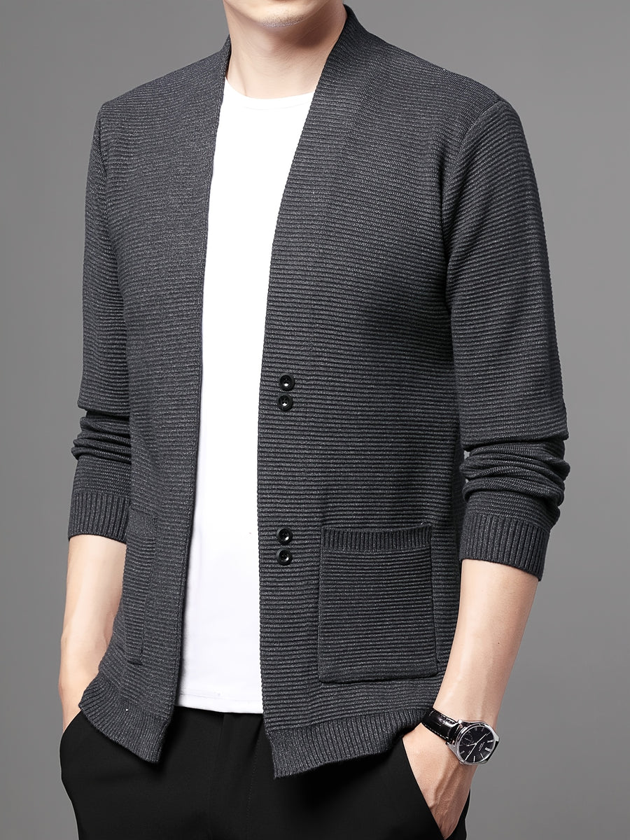 Du Jing Lan OBM Spring/Summer New Arrival Men's Knitted Cardigan, Old Money Style Solid Color V-Neck Long Sleeve Open Front Knit Cardigan, Men's Business Casual Fashion Single-Breasted Ribbed Sweater Jacket with Side Pockets, Suitable for Layering - Dark Gray
