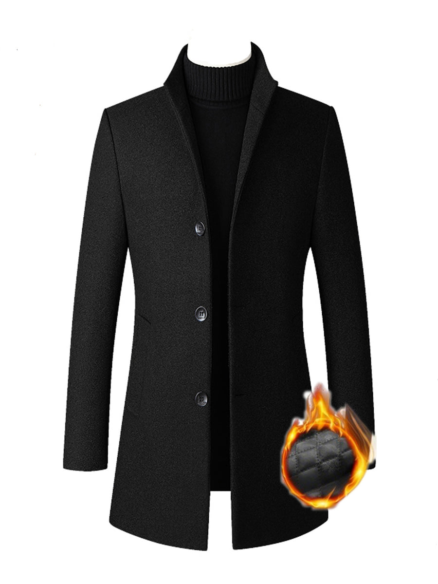 Autumn Winter Thick Warm Windproof Solid Color Stand Collar Coat, Classic Easy Retro Casual All-Match British Old Money Style Elegant Gentleman Jacket - Black