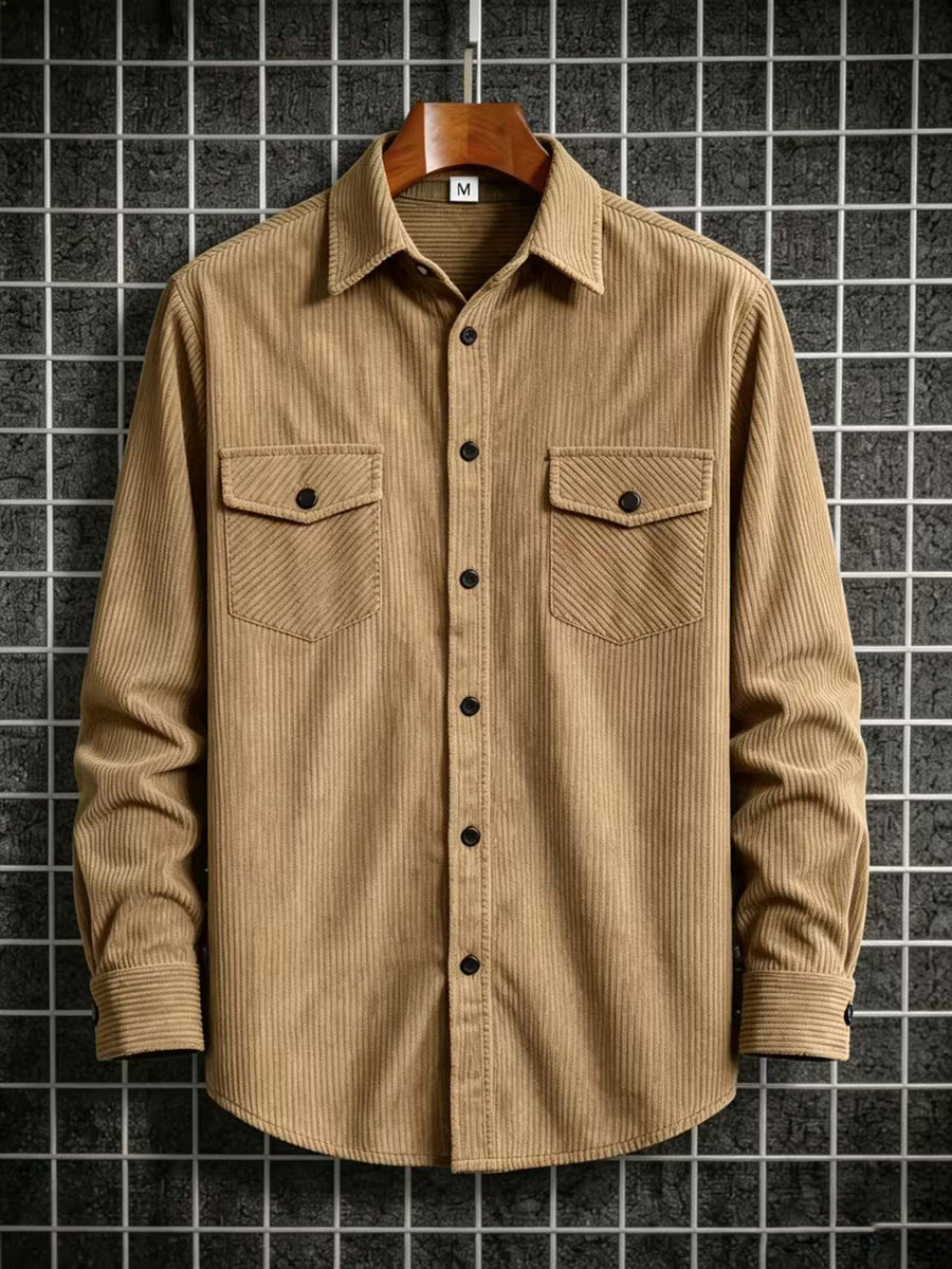 Men'S Fashion Versatile Casual Long-Sleeve Shirt, Multiple Colors Available, Pocket Design Corduroy Top Shirt Jacket - Khaki