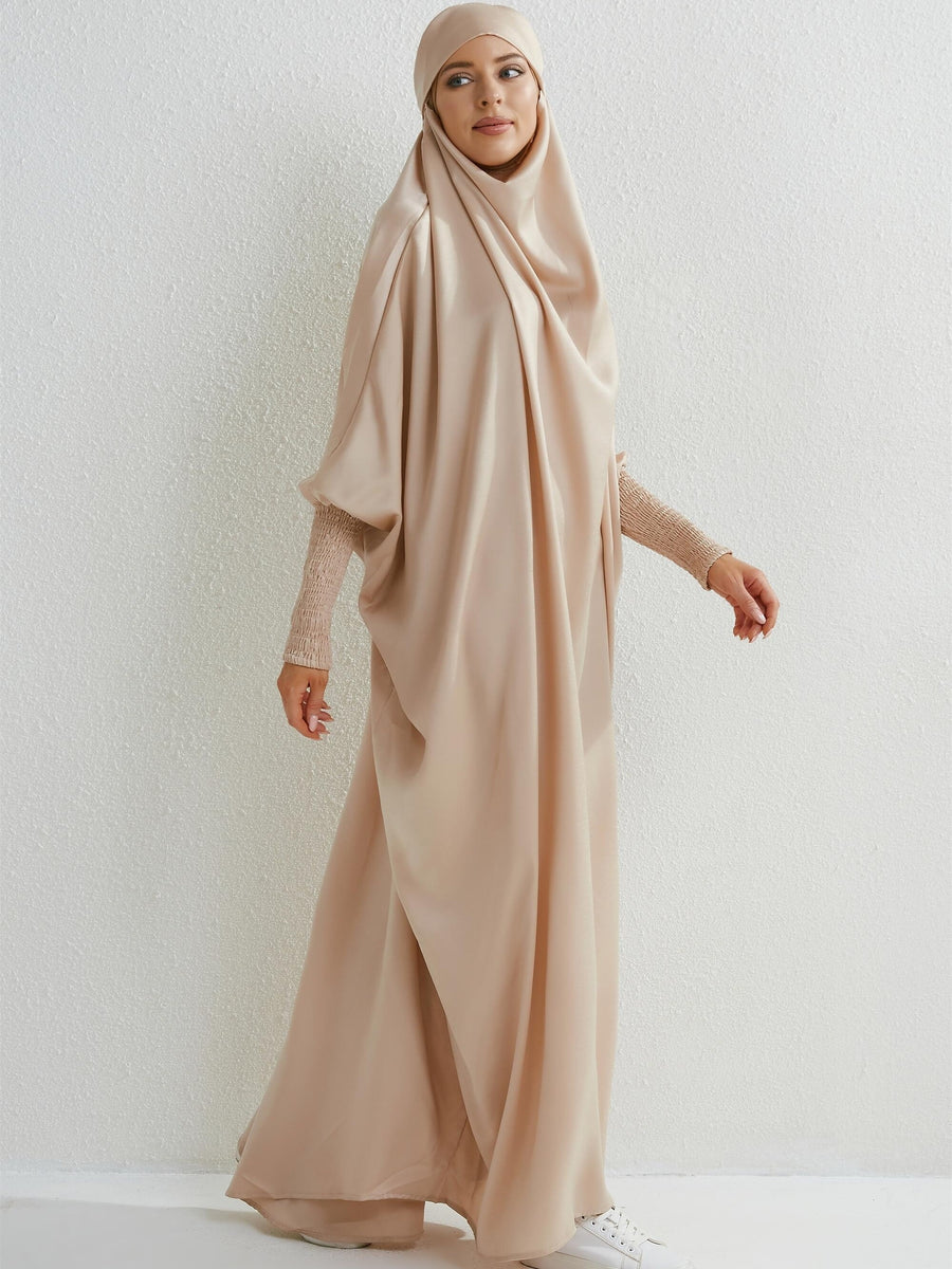 Islamic Attire for Women Featuring a Hooded Jilbab with Smocking Sleeves, Designed for Prayer, Suitable for Modesty in Dubai And Saudi Arabia, Available in Black - Apricot