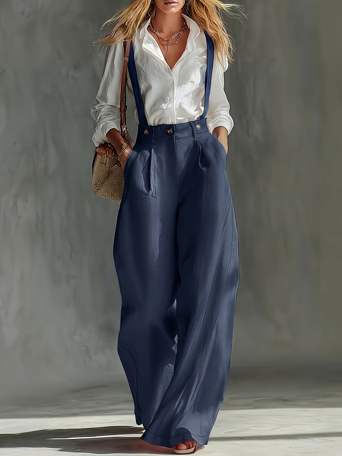 Spring and Autumn High-Waist Pleated Suspender Pants, Vintage Temperament Commuter Casual Trousers - Sea Blue