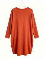 Plus Size - Beautiful Women'S Plus Size Round Neck Loose Long Sleeve Solid Waffle Dress with Pockets - Orange