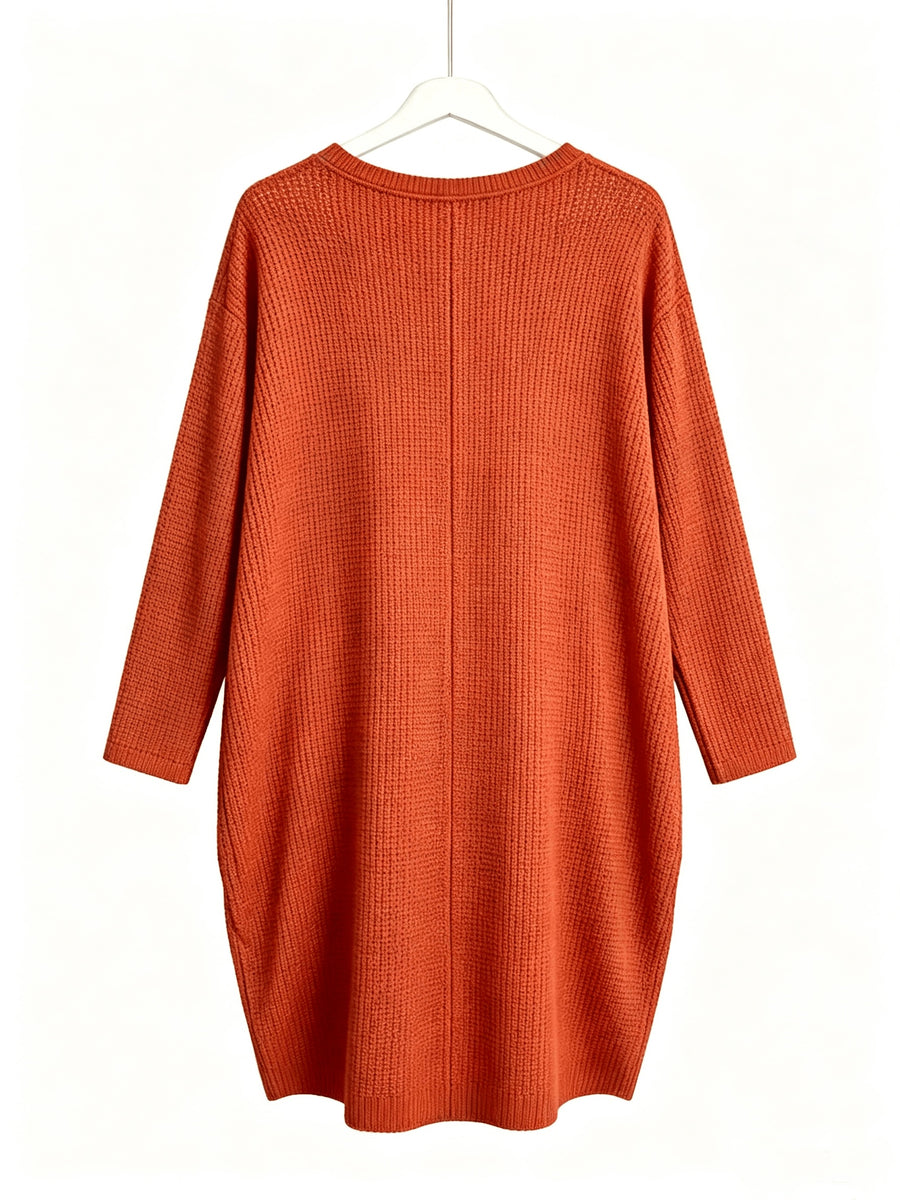 Plus Size - Beautiful Women'S Plus Size Round Neck Loose Long Sleeve Solid Waffle Dress with Pockets - Orange