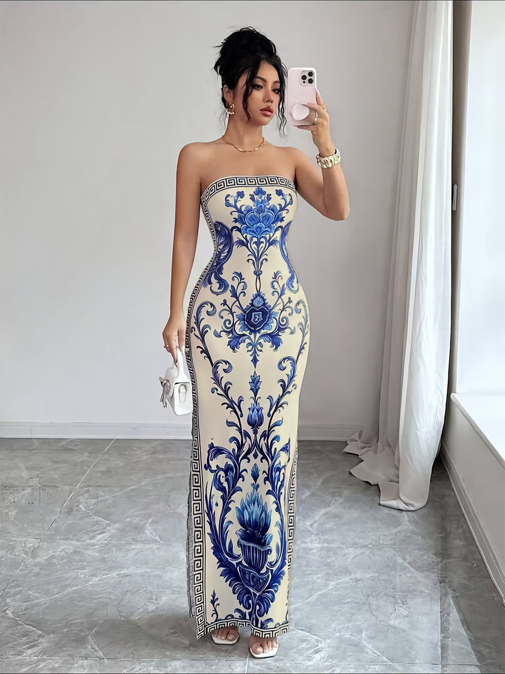 Elegant Exquisite Women's Blue White Vintage Print Strapless High Slit Maxi Dress Fashion Sexy Temperament Piece for Party Club Date Vacation Beach Outfit - Blue