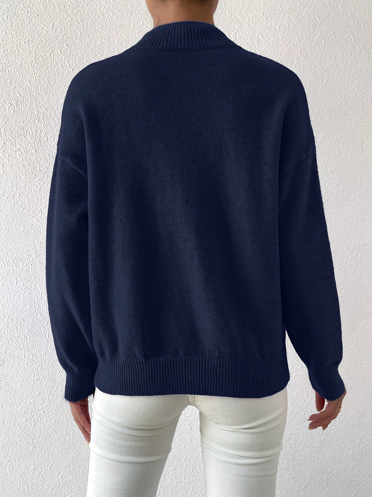 Women's Solid Color Elegant Mock Neck Long Sleeve Drop Shoulder Pullover Sweater - Navy Color