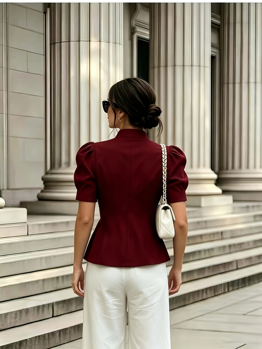 Fashionable and Elegant Women's Solid-color Stand-up Collar Princess-style Short-sleeve Jacket with Faux Pockets, Open Front, Single-breasted, and Casual Suit Jacket, Suitable for Commuting, Vacation, Business, and Daily Casual Wear - Burgundy
