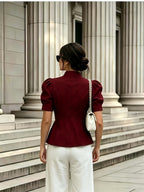 Fashionable and Elegant Women's Solid-color Stand-up Collar Princess-style Short-sleeve Jacket with Faux Pockets, Open Front, Single-breasted, and Casual Suit Jacket, Suitable for Commuting, Vacation, Business, and Daily Casual Wear - Burgundy