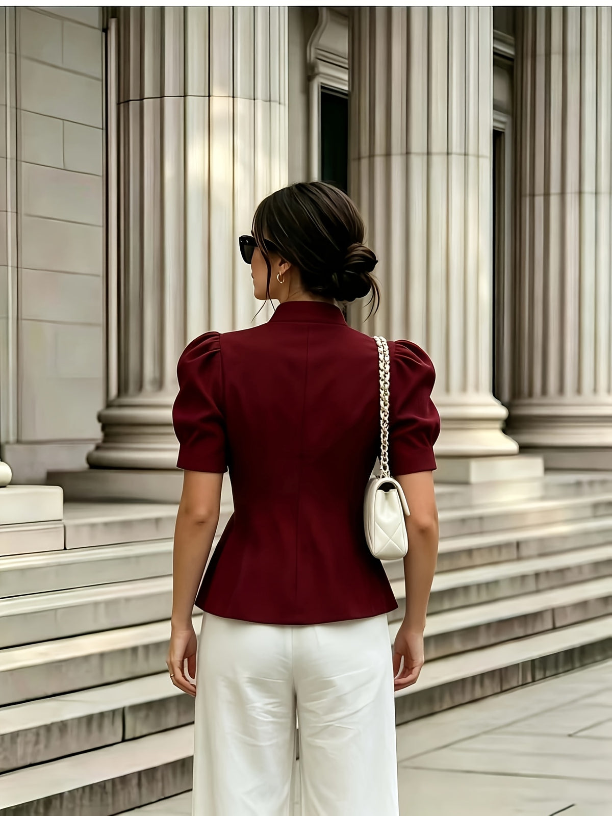 Fashionable and Elegant Women's Solid-color Stand-up Collar Princess-style Short-sleeve Jacket with Faux Pockets, Open Front, Single-breasted, and Casual Suit Jacket, Suitable for Commuting, Vacation, Business, and Daily Casual Wear - Burgundy
