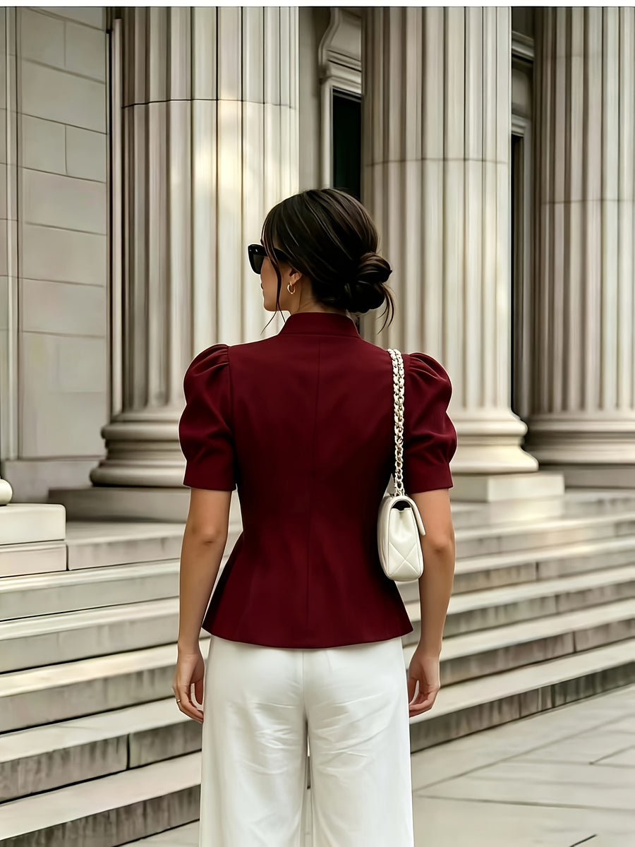 Fashionable and Elegant Women's Solid-color Stand-up Collar Princess-style Short-sleeve Jacket with Faux Pockets, Open Front, Single-breasted, and Casual Suit Jacket, Suitable for Commuting, Vacation, Business, and Daily Casual Wear - Burgundy
