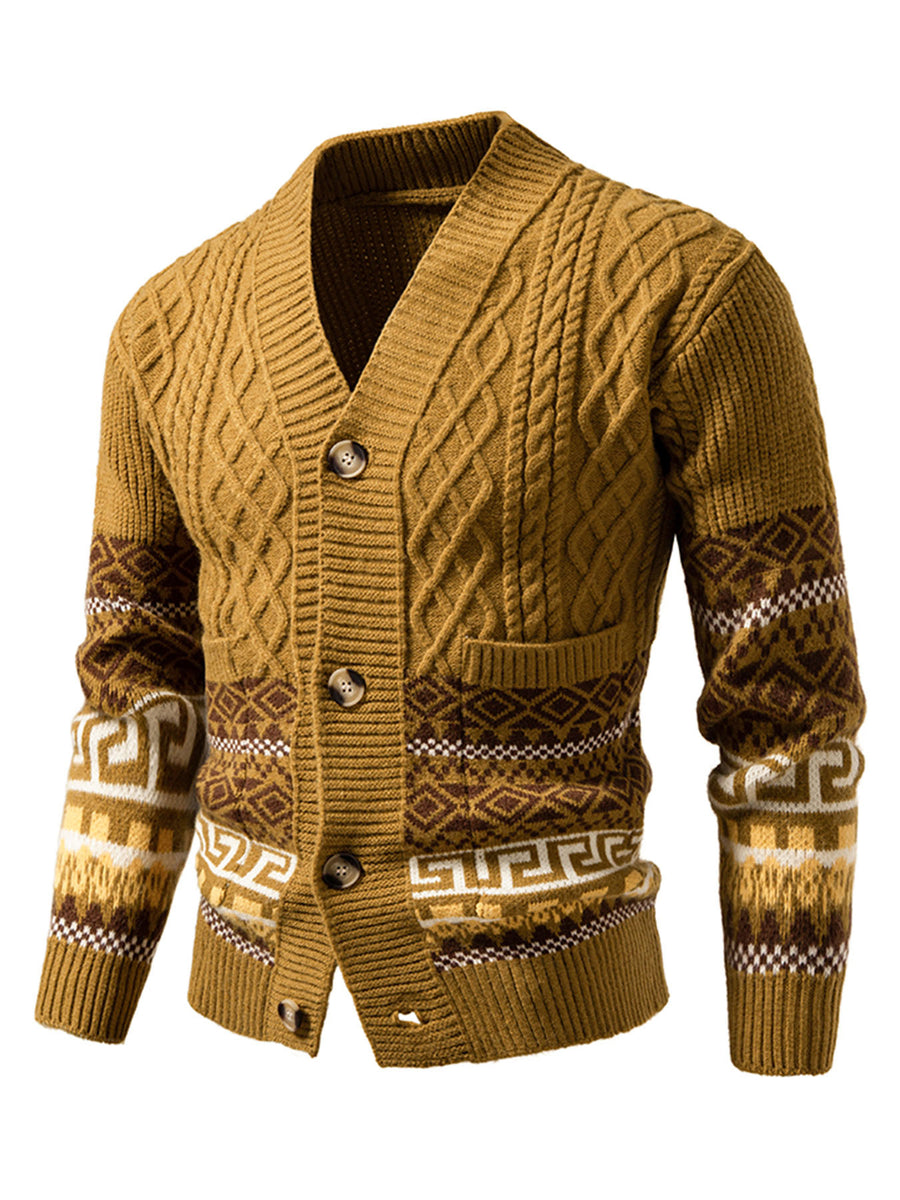 Winter New Striped Geometric Pattern Button Thickened Long Sleeve Sweater Men'S Warm Knit Cardigan X - ginger-colored