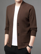 [Wading Whale OBM] Spring/Summer New Men'S Knit Cardigan, Old Money Style Solid Color V-Neck Long Sleeve Open Front Sweater Jacket with Single Button Closure And Side Pockets, Suitable for Spring And Autumn Layering Or Outerwear - Coffee Brown