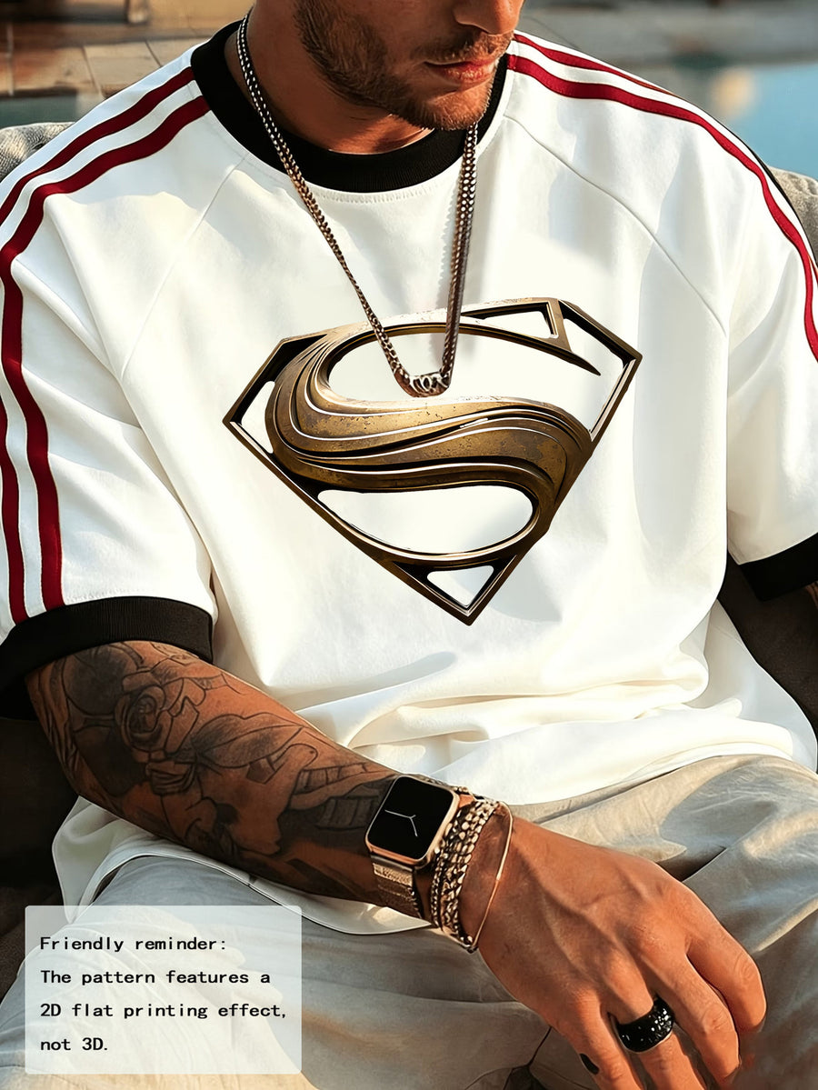 Printed Design Non-Textured 2D Printing 'Warner Official Authentic - Superman S Logo Gilded Golden Shield Printed Color Blocked Shoulder Sleeve T-Shirt; Men'S 100% Pure Versatile Sports Summer Short Sleeve T-Shirt - White
