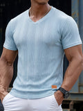 Men's Fashion Top, Spring/Summer Outdoor Casual Style, Pleated Textured Fabric V-Neck Short Sleeve Men's Henley Shirt - Sky Blue