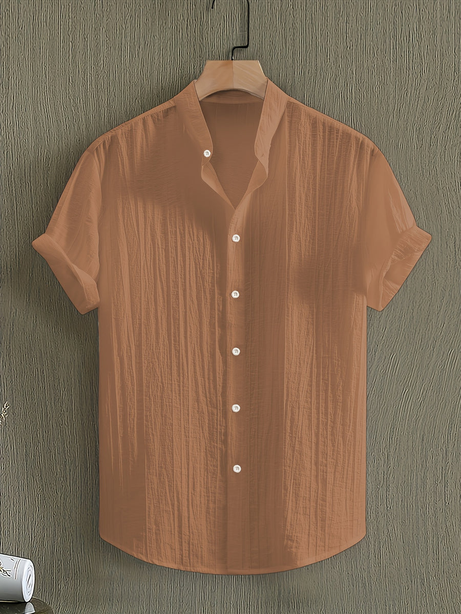Pearson OBM Men's Summer Solid Color Semi-Transparent Short Sleeve Casual Stand Collar Shirt, Button-Up Fashion Versatile Shirt for Beach Vacation Pool Party - Yellowish-brown