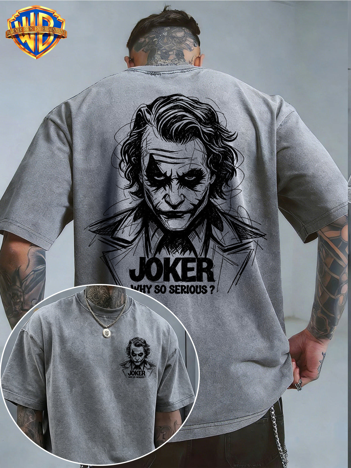 Warner Bros. Official - Cool Line Art Joker Print, American Vintage Washed Distressed T-Shirt, Suitable for Daily Commuting and Outdoor Wear, Machine Washable, Unisex - Grey