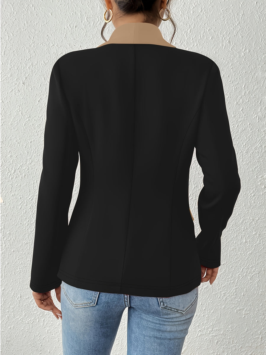 Women's Color-Block Shawl Collar Faux Pocket Long Sleeve Cardigan, Fashionable, Elegant, Casual, and Business-Style Blazer - Black