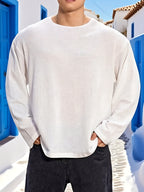 Men's Pullover Crew Neck Loose Fit Long Sleeve T-Shirt, Fitness Training Top, Knitted Fashionable Casual Basic Shirt, Breathable Pullover - White