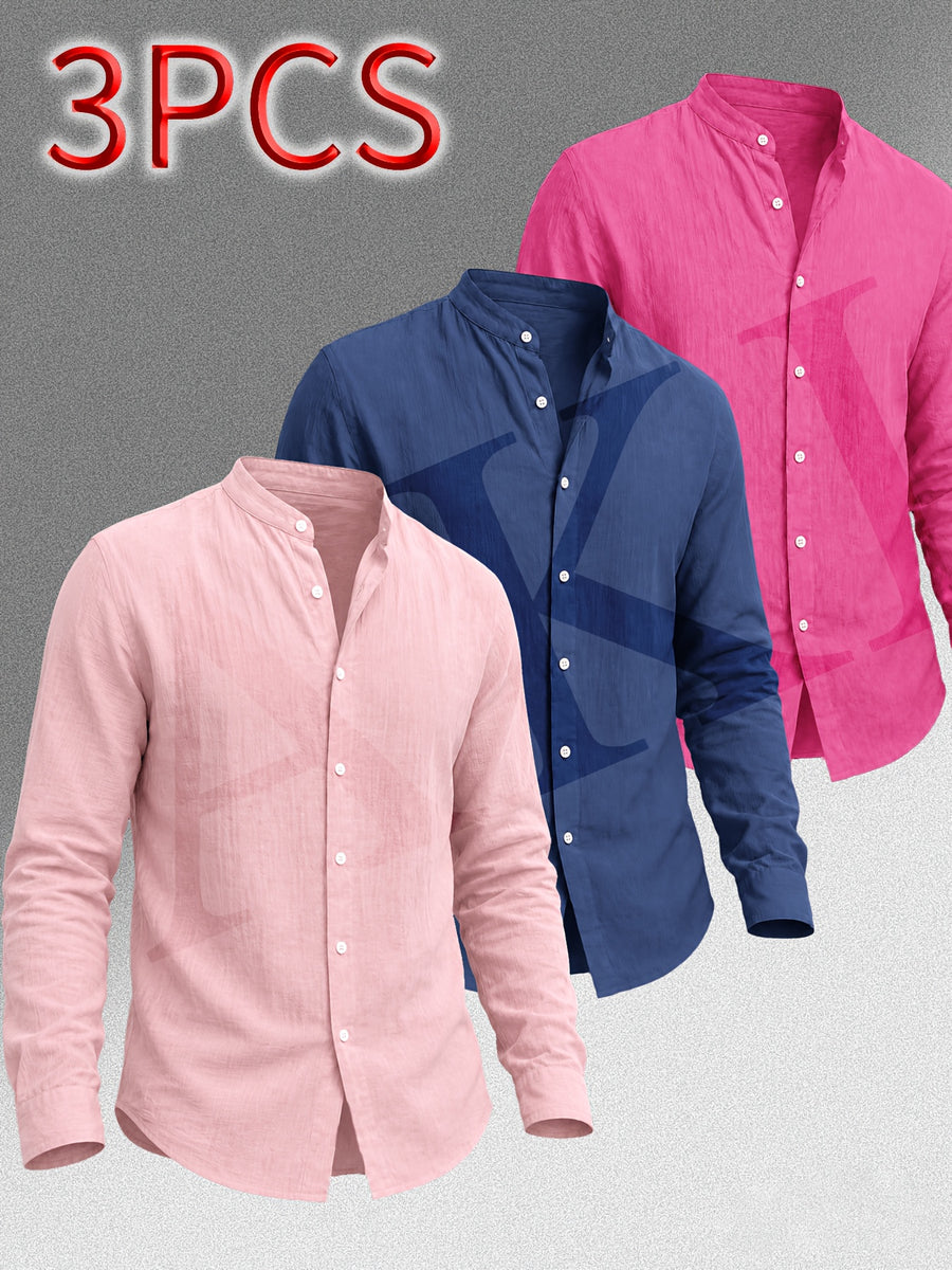 [Know And Give OBM] Men'S Clothing New Stand-Up Collar Solid Linen-Like Long Sleeve Shirt 3pcs Set, Minimalist Design, Spring Autumn Winter High-Quality Men'S Long Sleeve Button-Up Shirt - Suitable for Outdoor Leisure Vacation Formal Wear - Pink + Navy Blue + Rose Red