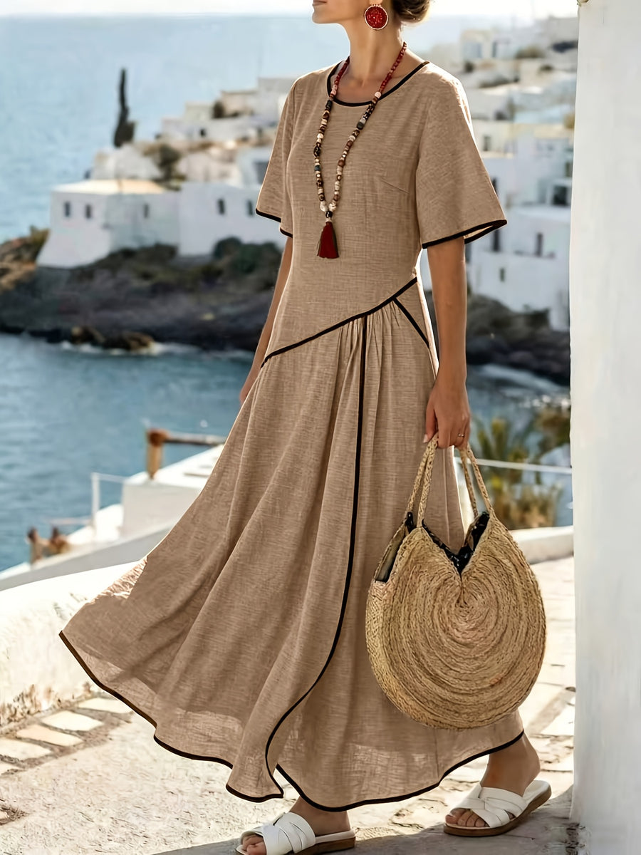 Women'S Solid Color Short Sleeve Casual Dress - Khaki
