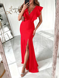 Lady'S European-Style Sexy V-Neck Short-Sleeved Party Dress with Long Hem, Lady'S Elegant High-Cut Light Luxury Style Party Pure-Color Dress, Lady'S Fitted Fishtail Dress - Orange Red