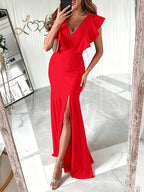 Lady'S European-Style Sexy V-Neck Short-Sleeved Party Dress with Long Hem, Lady'S Elegant High-Cut Light Luxury Style Party Pure-Color Dress, Lady'S Fitted Fishtail Dress - Orange Red