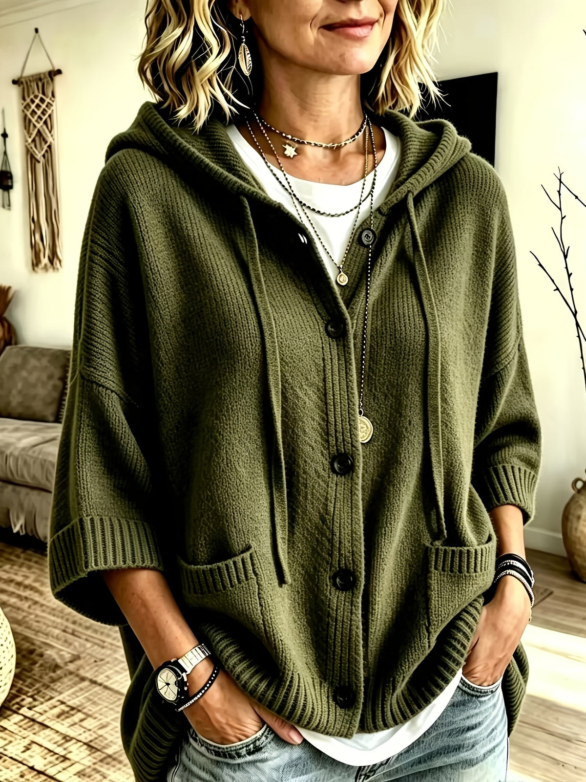 Elegant Casual Pocket Cardigan for Women - Olive Green
