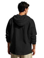Spring Summer Men'S Linen Color-Block Drawstring Hooded Half-Button Retro Button Long Sleeve Henley Shirt Cuffs Can Be Rolled Loose Thin Breathable Pullover Top Beach Vacation All-Match Men'S Casual Vacation Long Sleeve Top - Black