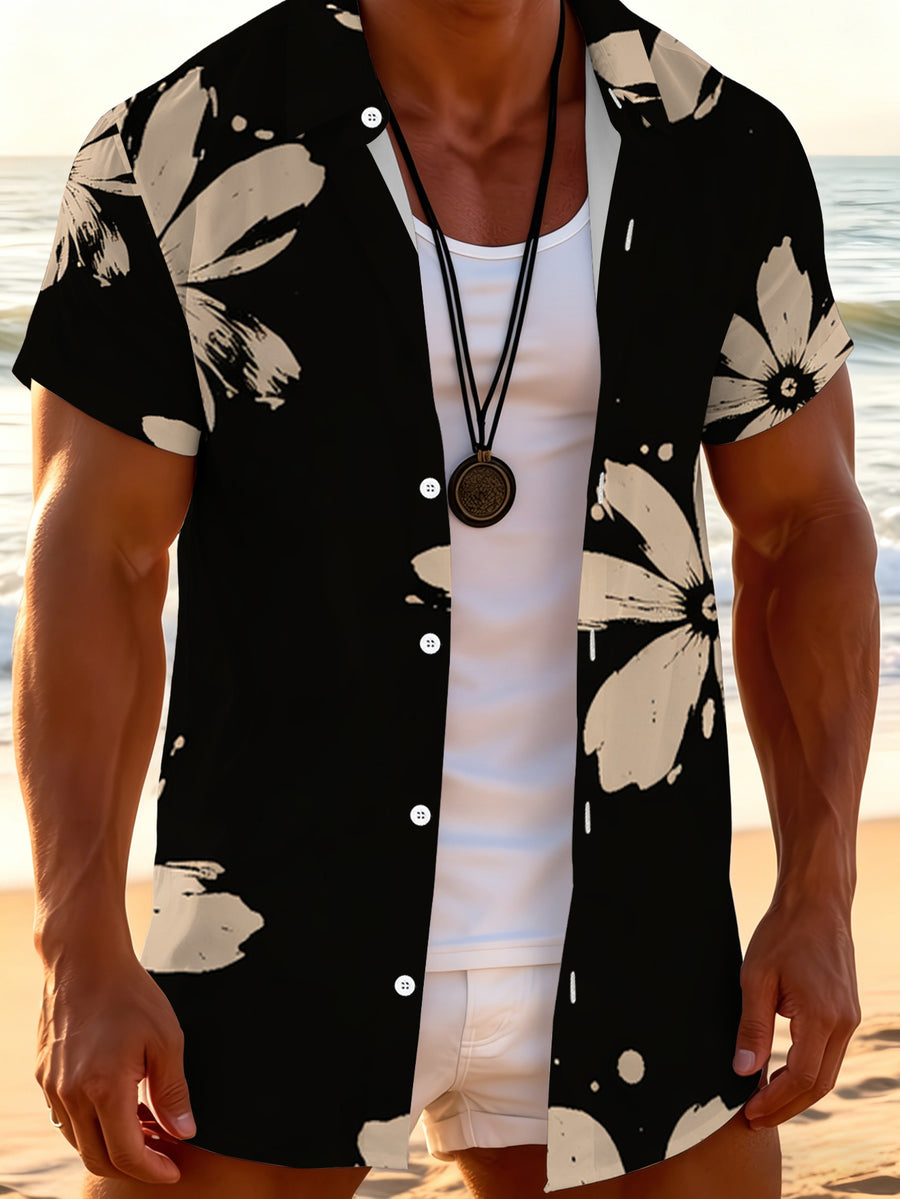 Summer Casual Short Sleeve Shirt Men'S Fashion Loose Short Sleeve Men'S Top Printed Design – Not Textured Digital Print Formal Commute Short Sleeve Black Base White Flower Floral Pattern Travel Vacation Top - Mixed colors