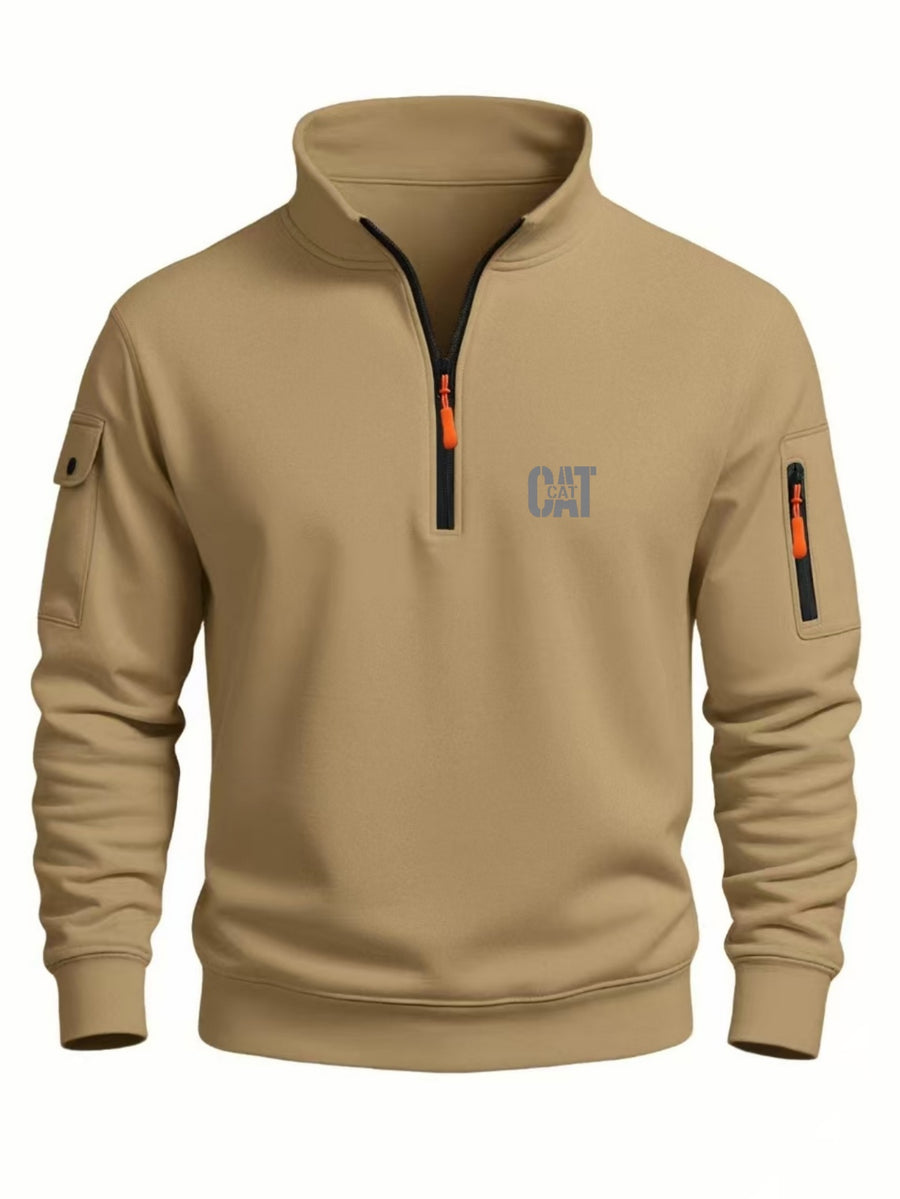 Spring and Autumn Men's Half-Zip Sweatshirt with Print, Loose Fit, Stand-Up Collar, Casual Sport Pullover - Khaki